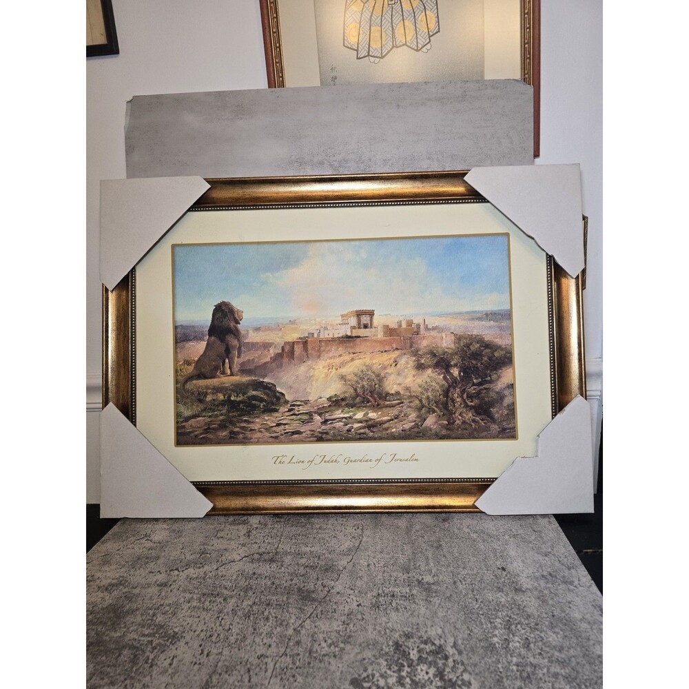 Framed Art-Jerusalem Lion Of Judah (19 X 26.5) (#32202) Gold Tone Religious New